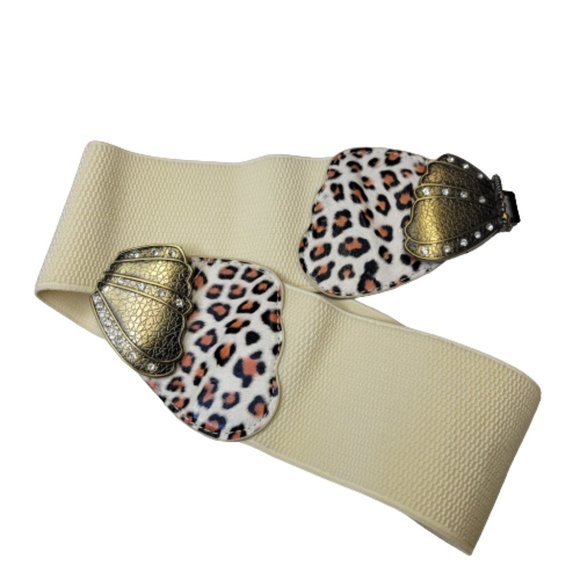 Butterfly Buckle Stretch Belt Animal Print Antique Gold Tone Buckle Brown Cream - Picture 5 of 16